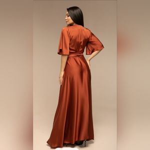 Rust Silk Full Wrap Maxi Dress, Summer Bridesmaid Terracotta Silk Dress Flutter